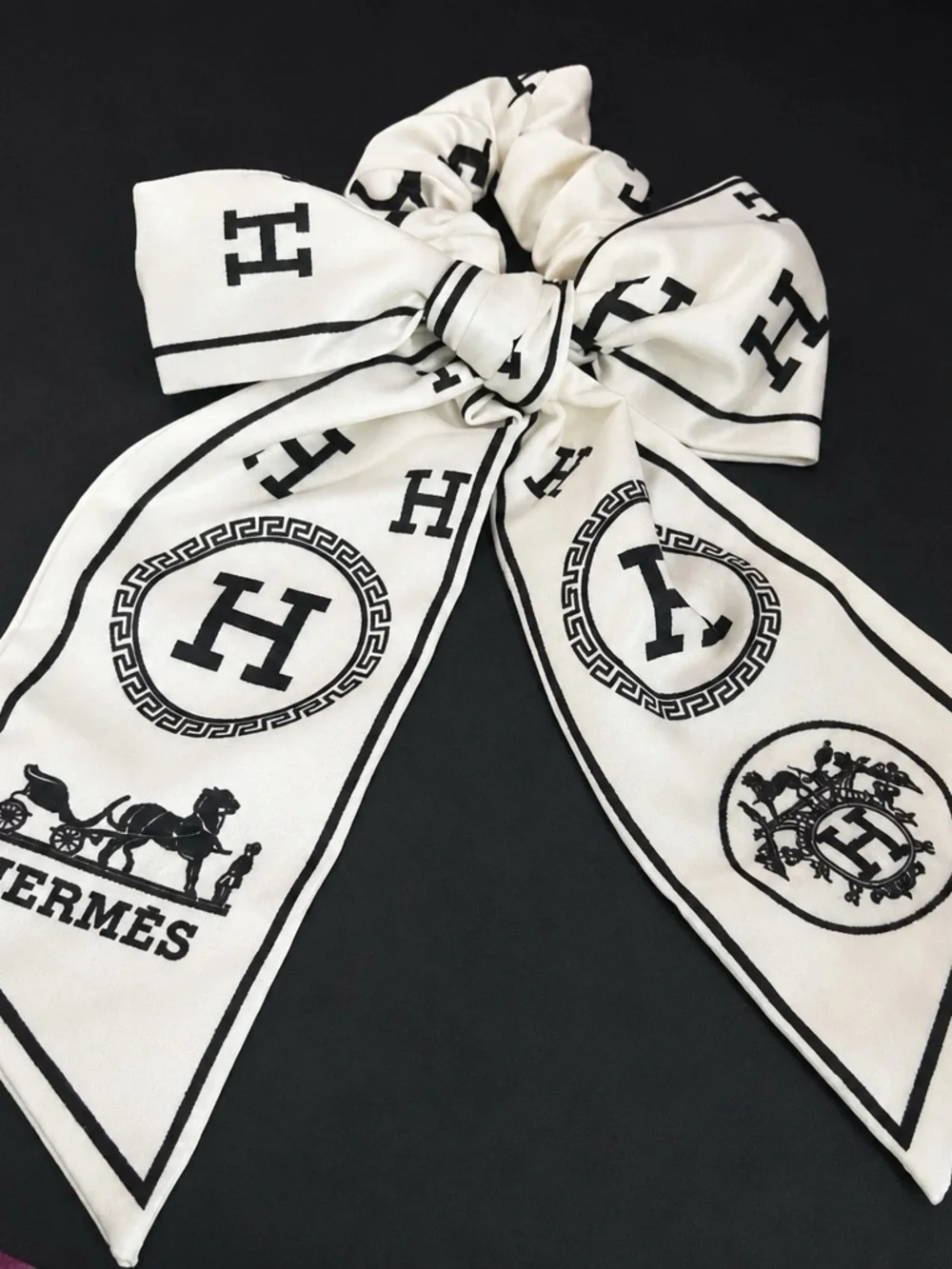 White & Black Logo Bow Scrunchie
